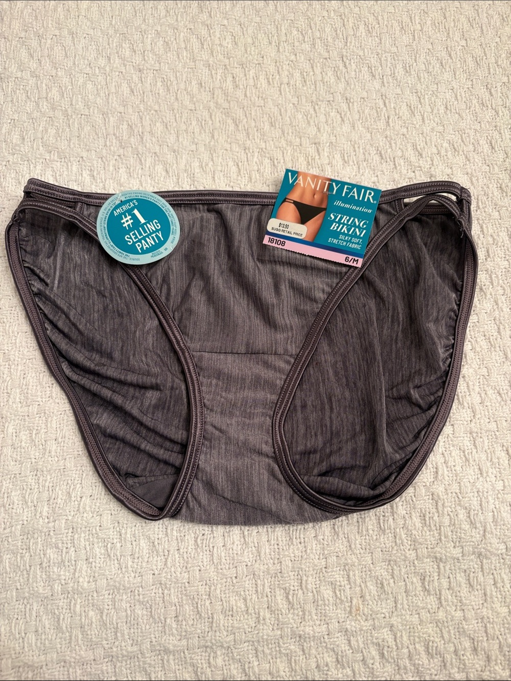 NWT Vanity Fair Gray Stretch String Bikini Panty size 6/M style 18108